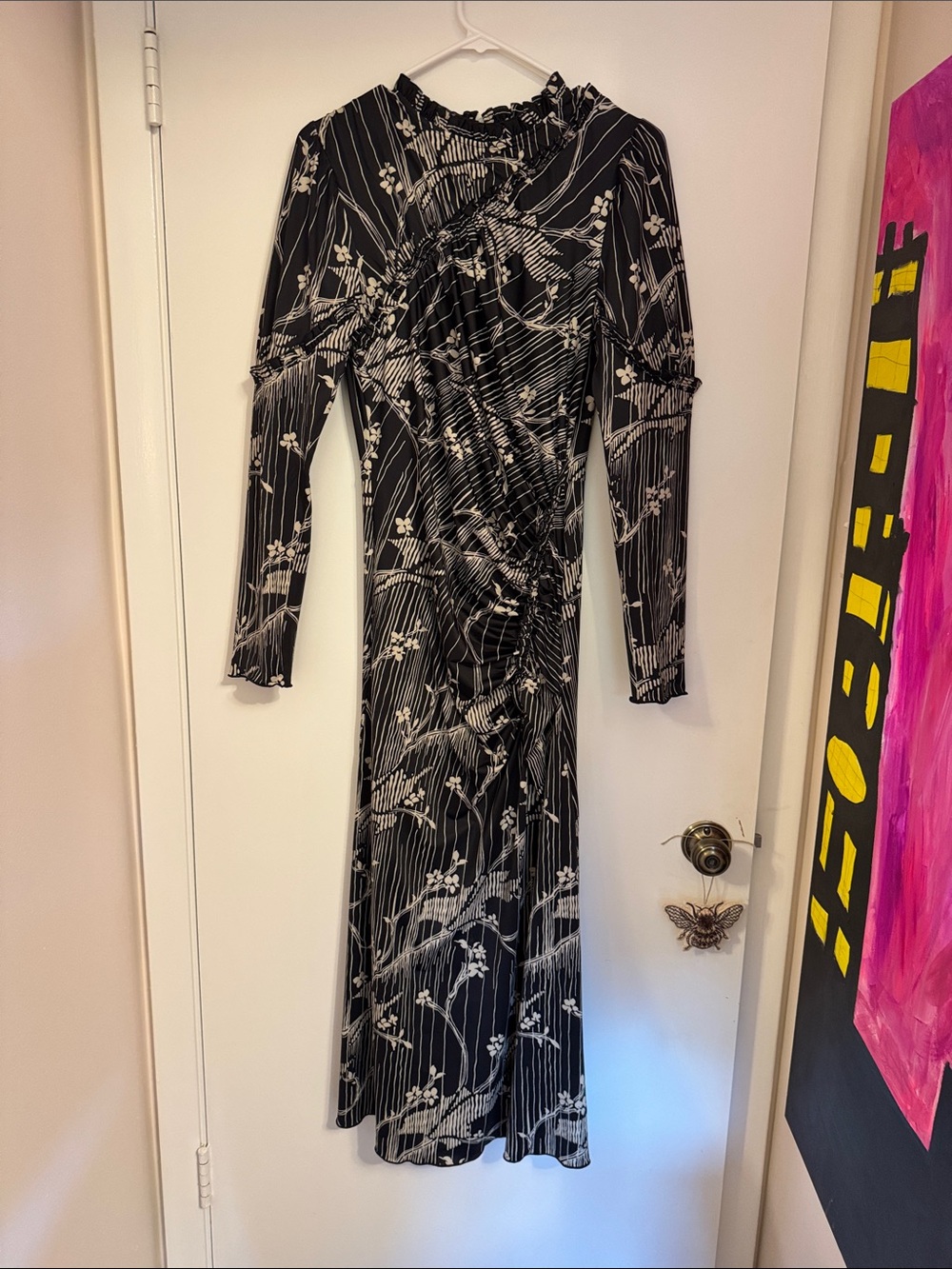 Black & White Floral Midi Stretch Dress - Elegant Long Sleeve